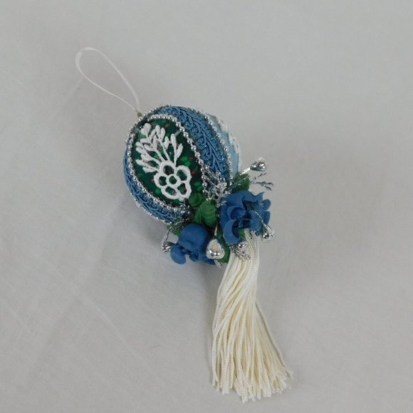Handmade Fabric Rose Tassel Blue Silver Ball Christmas Tree Ornament 3" Dia 6" L - Picture 5 of 8
